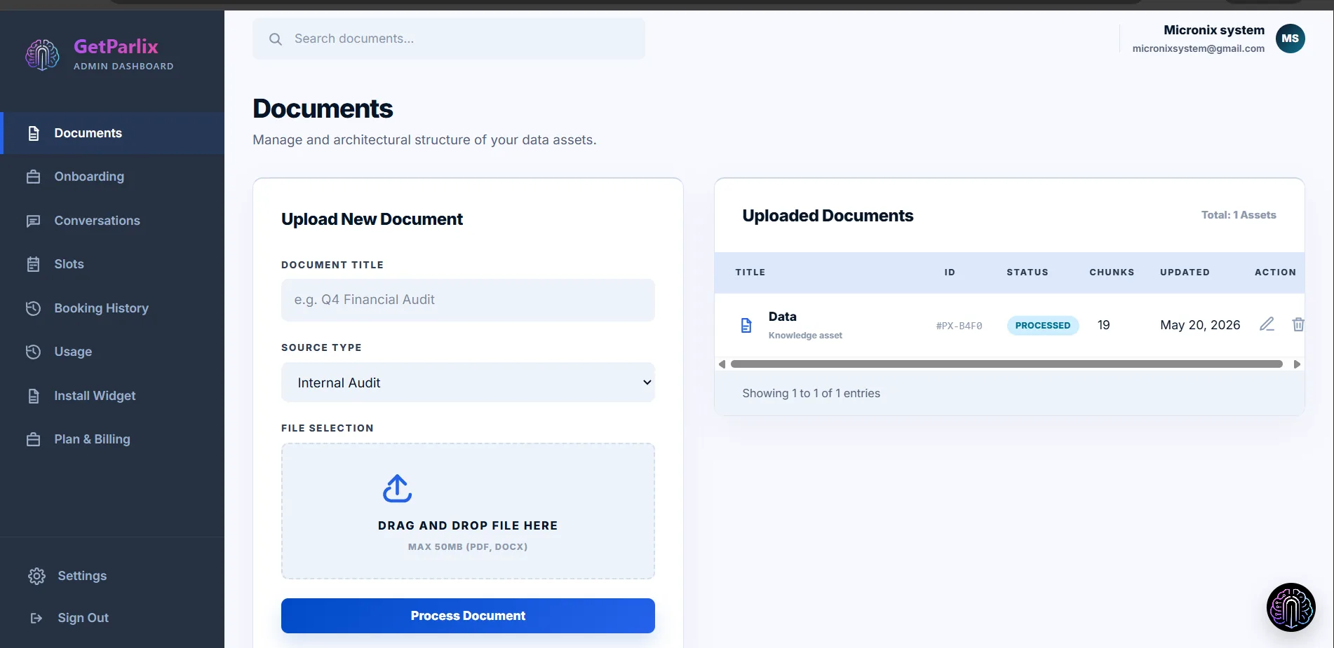Admin dashboard: the documents that train the assistant