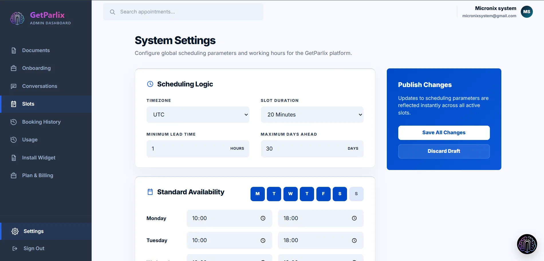 Scheduling logic, slot duration, and working hours