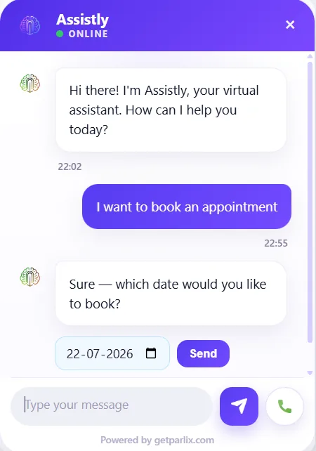 In-chat booking: the assistant taking a date, no forms