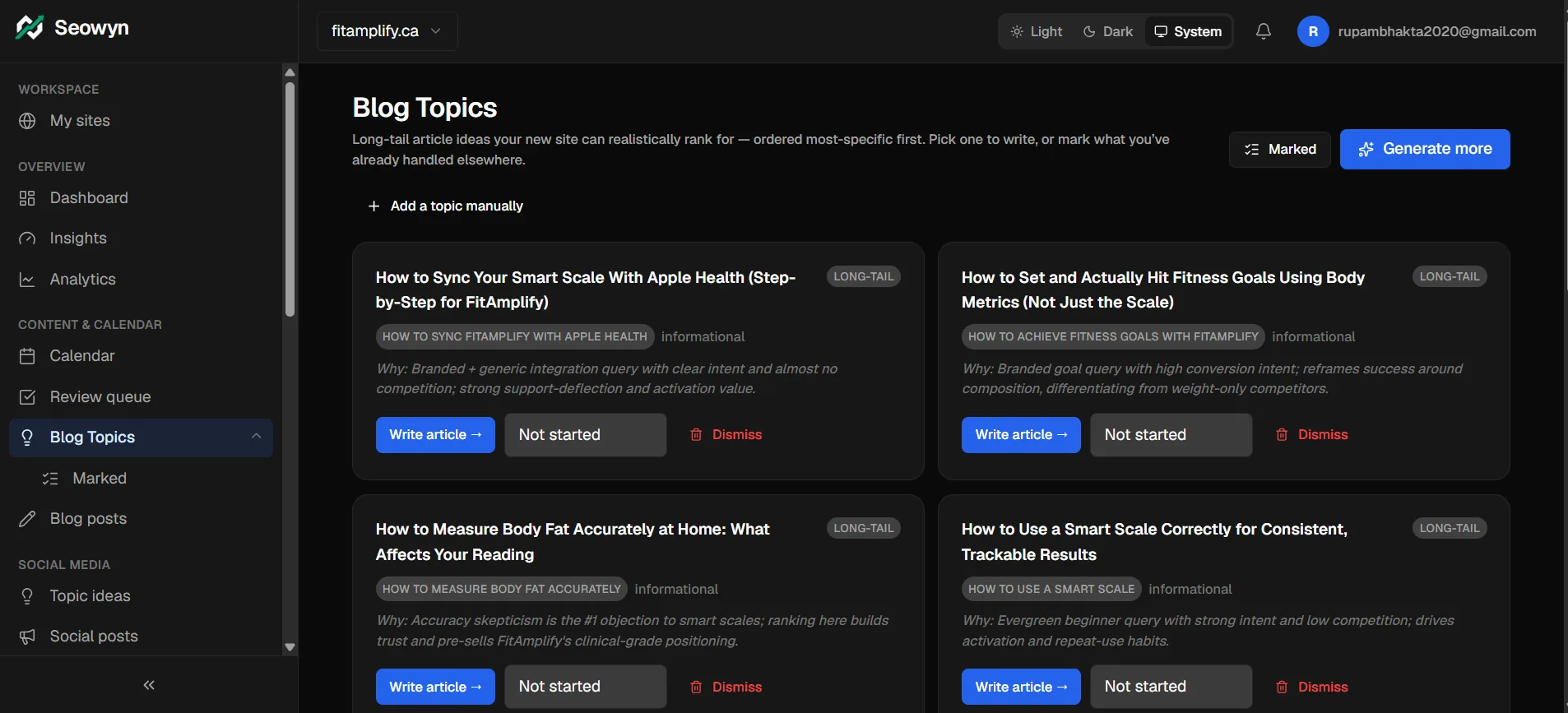 Blog Topics: keyword-researched, ranked most-specific first, ready to write.