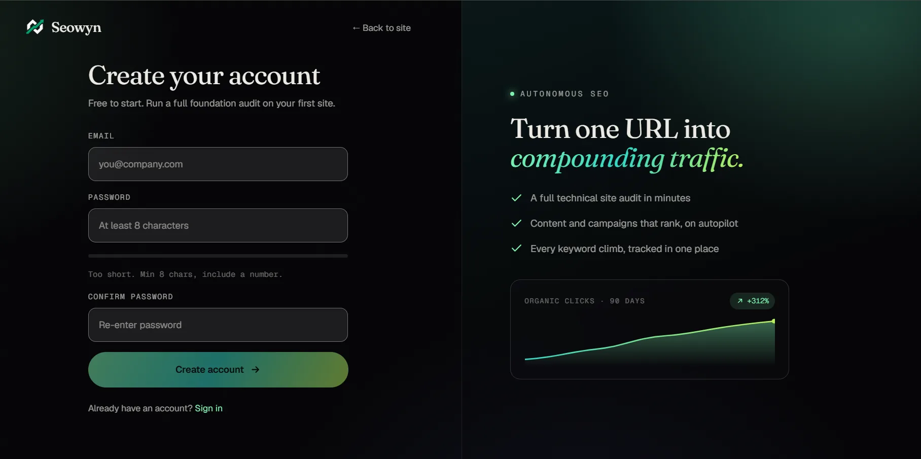 Onboarding: free to start, with a full foundation audit on the first site.