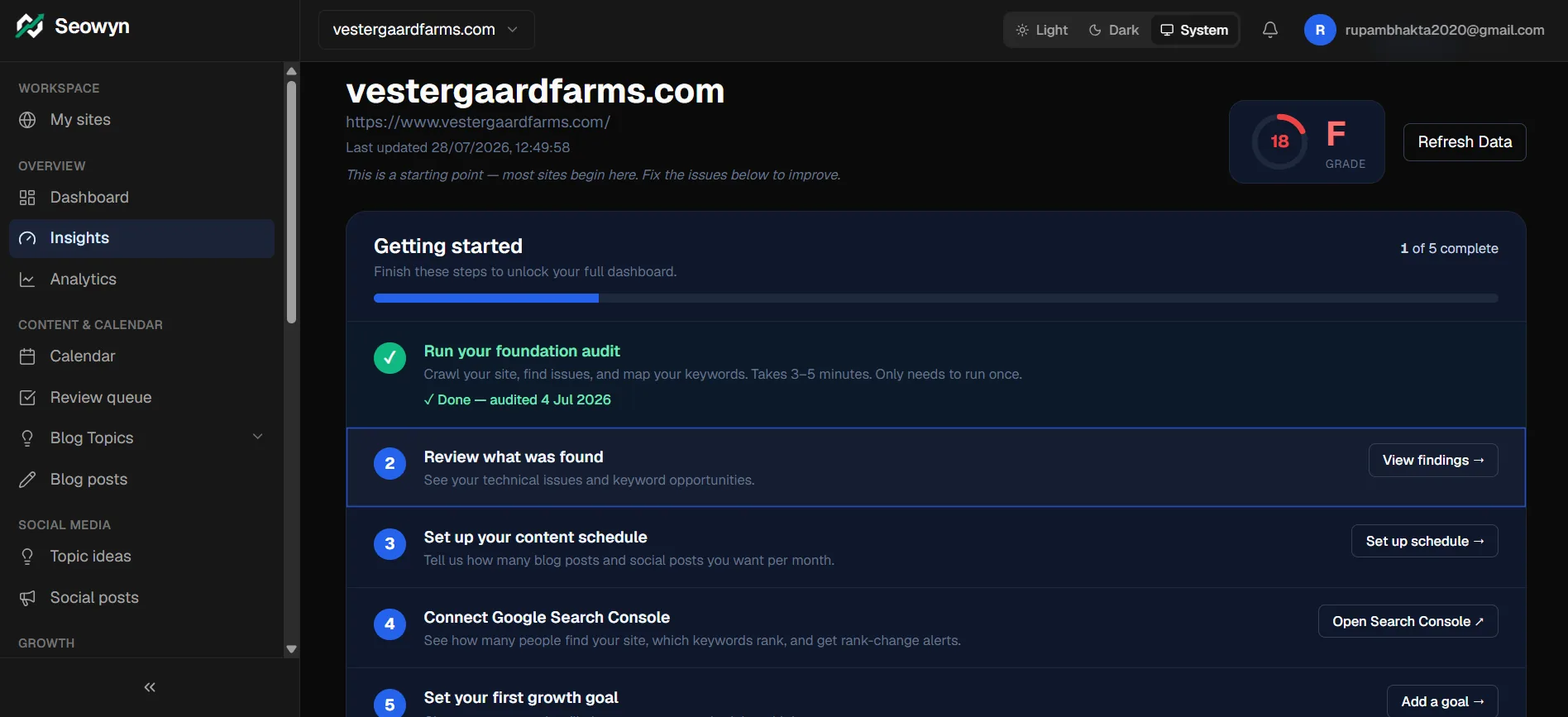 Getting started: five guided steps unlock the full dashboard.